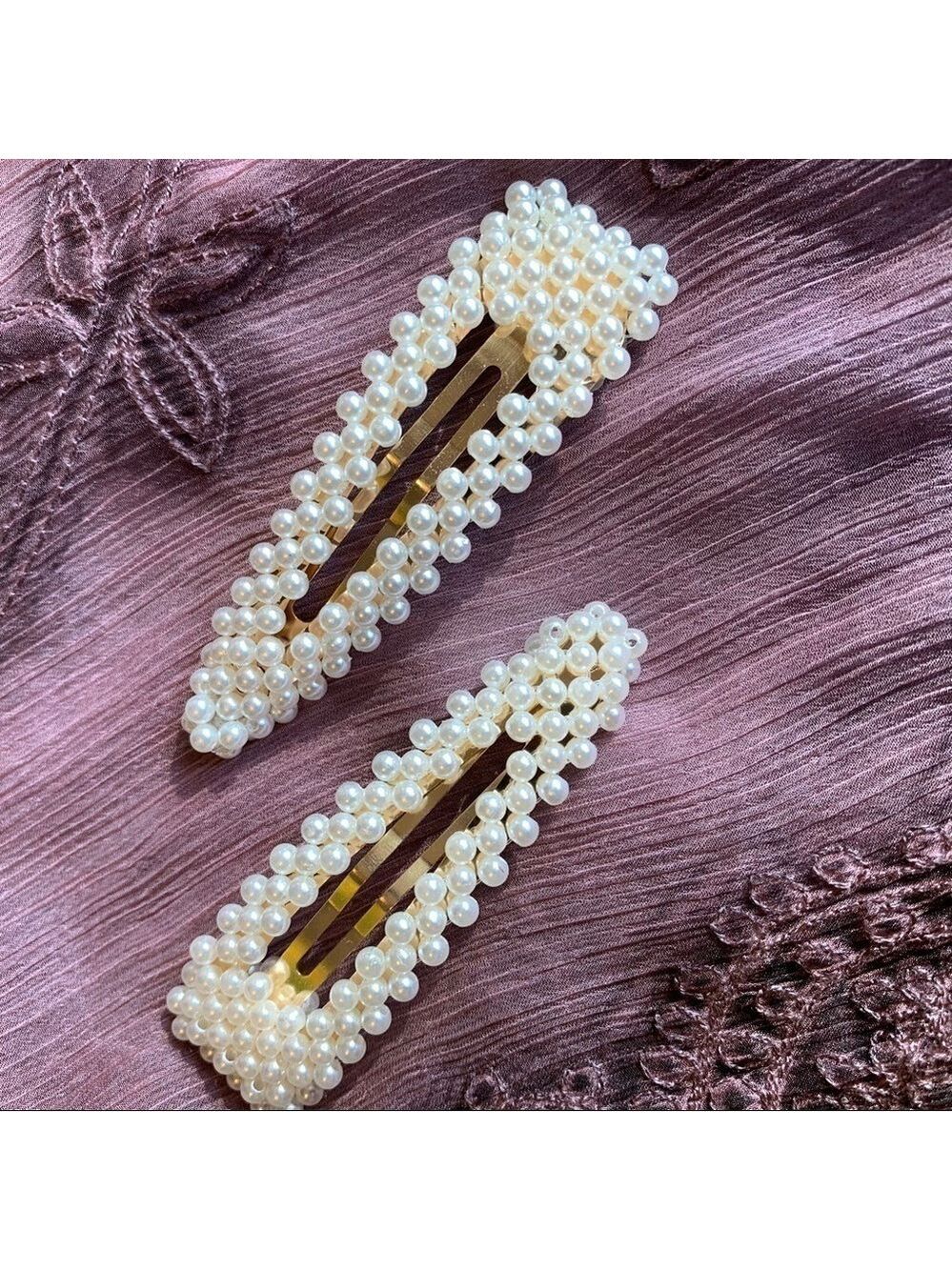Ivory Pearl Embellished Clip On Barrettes Pair Glam Prom Wedding Dressy Dance - Picture 8 of 10